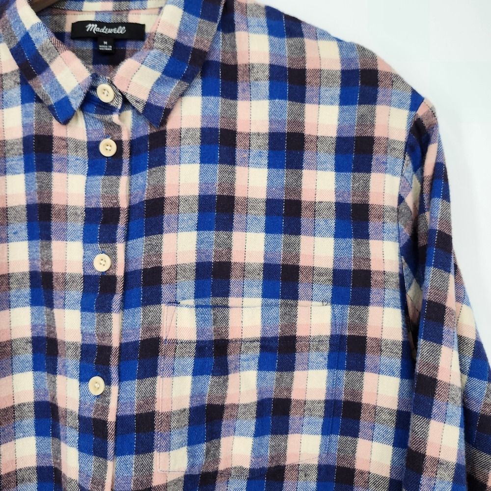Madewell Women Plaid Flannel Shirt Medium‎ Cabincore Blue Pink Cozy Layering